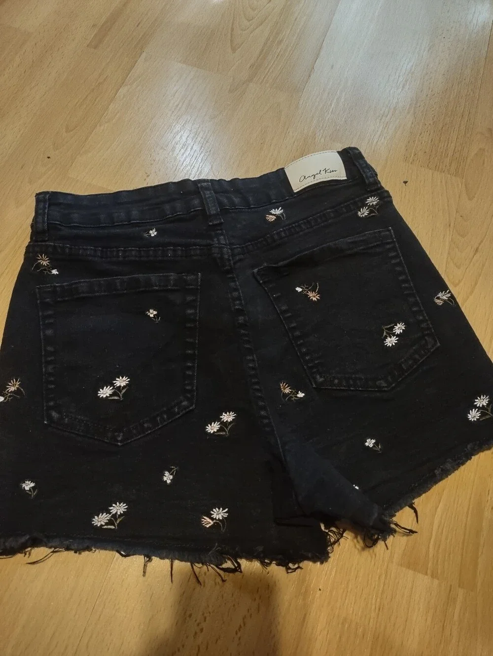 Angel Kiss Black Denim Shorts with White & Yellow Floral Embroidery